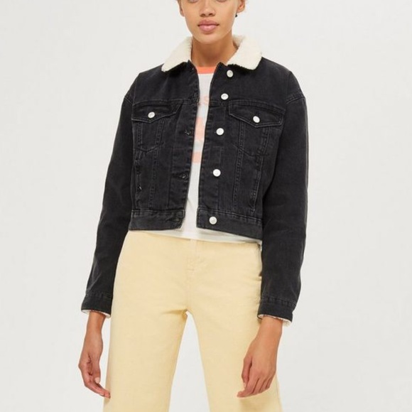 MOTO Cropped Borg Denim Jacket - Picture 2 of 8